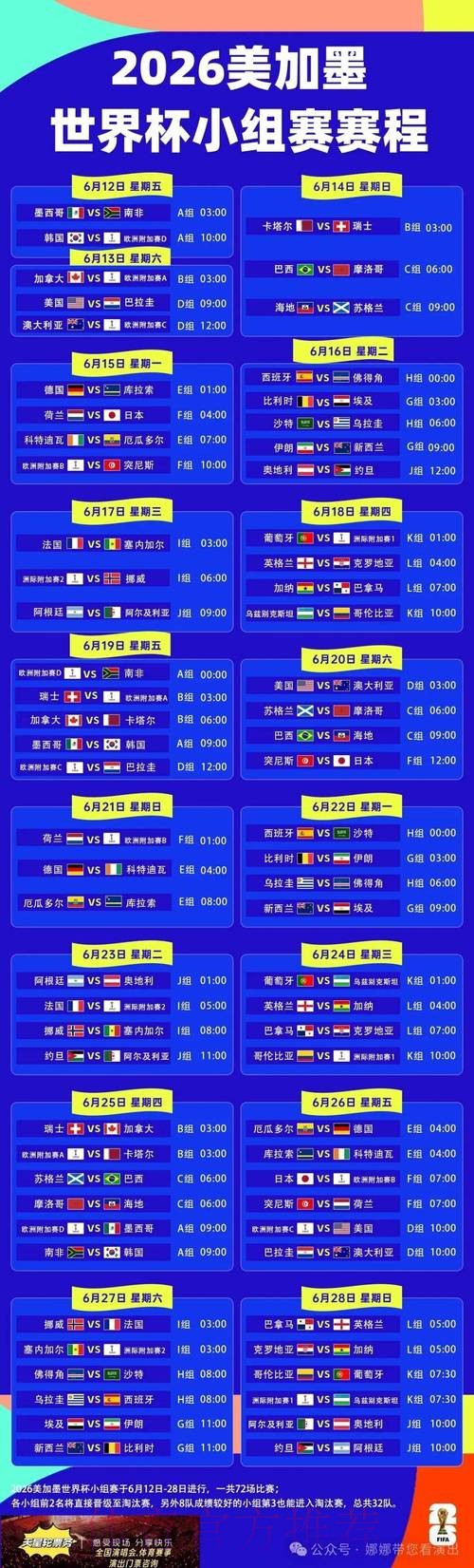 2026世界杯每日赛程详细安排实时赛程免费观看 2026世界杯每日赛程详细安排实时赛程免费观看
